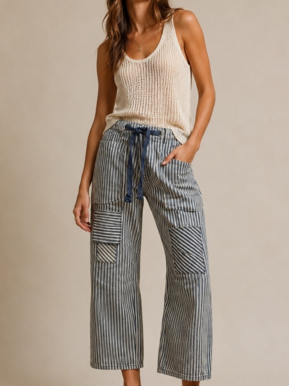 Striped Drawstring Barrel Pants in Blue and White S NWOT